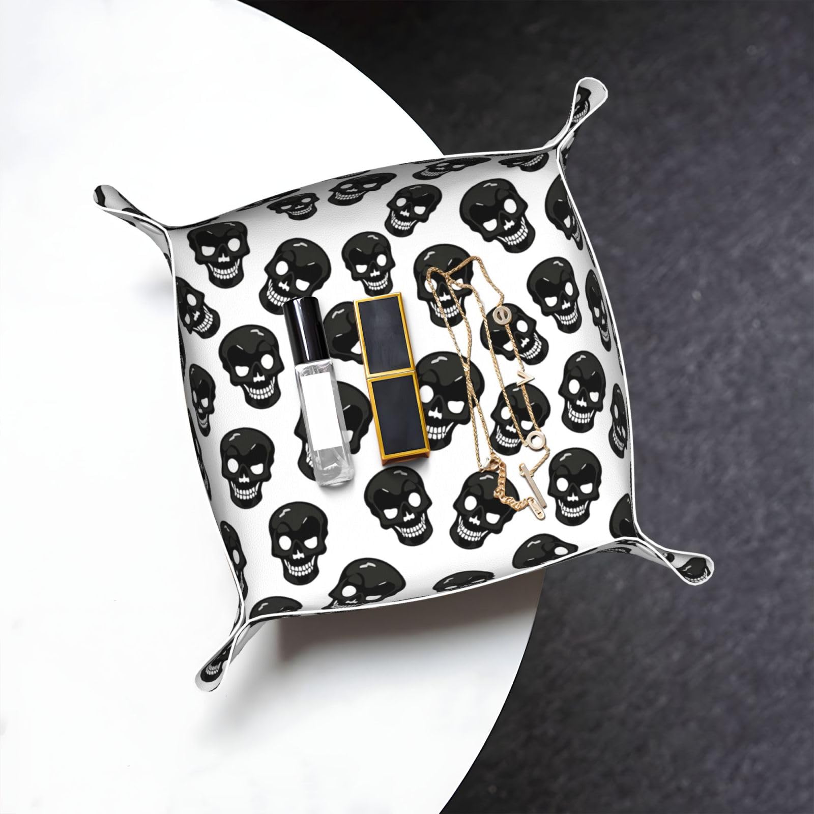 Skull Valet Tray Organizer Pu Leather Travel Catchall Tray Organizer Portable Jewelry Tray Storage Keys Tray for Entryway Table Coins Watches Candy