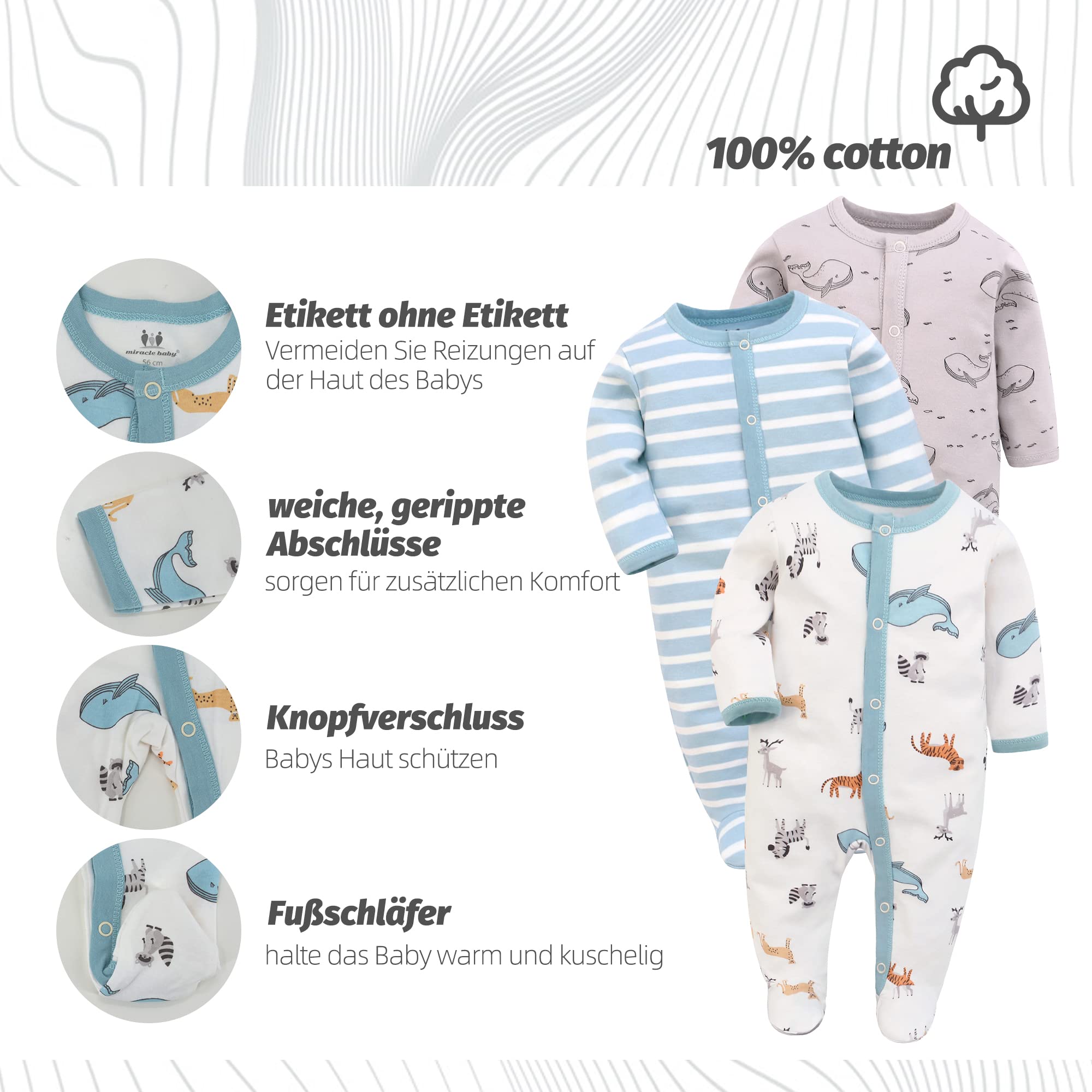 Miracle Baby 3 pièces bébé barboteuses bébé pyjama sac de couchage en coton avec pieds avec boutons Gr. 56 62 68 pour nouveau-né filles