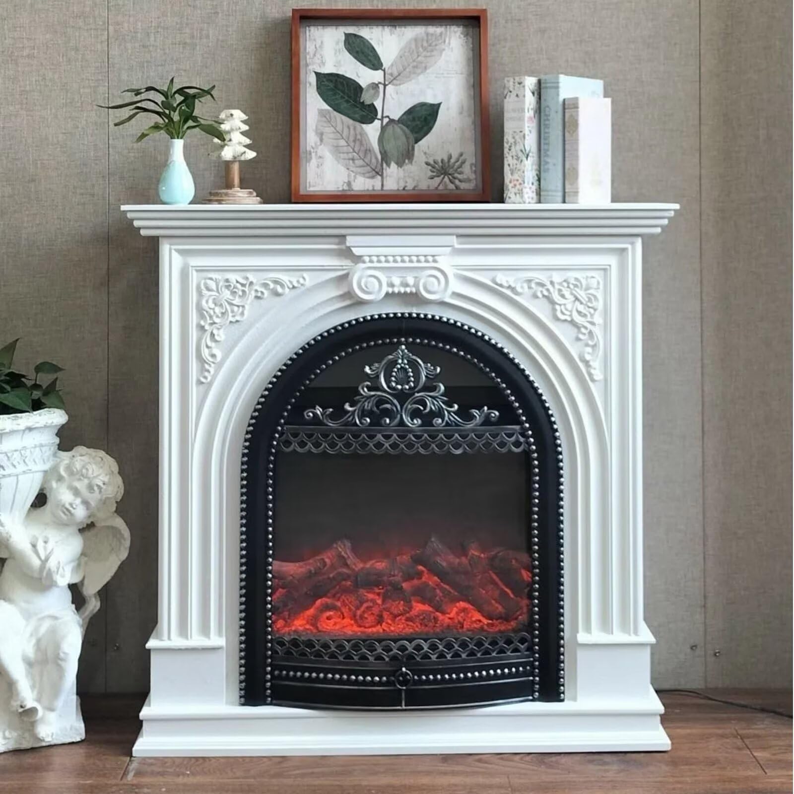 Electric Fireplace - Tall Electric Fireplace Heater with Vintage Hollow Birdcage, TV Stand with Faux Real Flame Insert &amp; White Frosted Carving for Indoor (39IN)