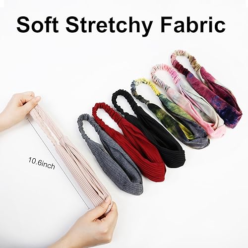 Miniatura 33 de Huachi Diademas para mujer con nudos torcidos, bandas elásticas bohemias para el cabello, antideslizantes, para niñas, turbante entrecruzado, liso