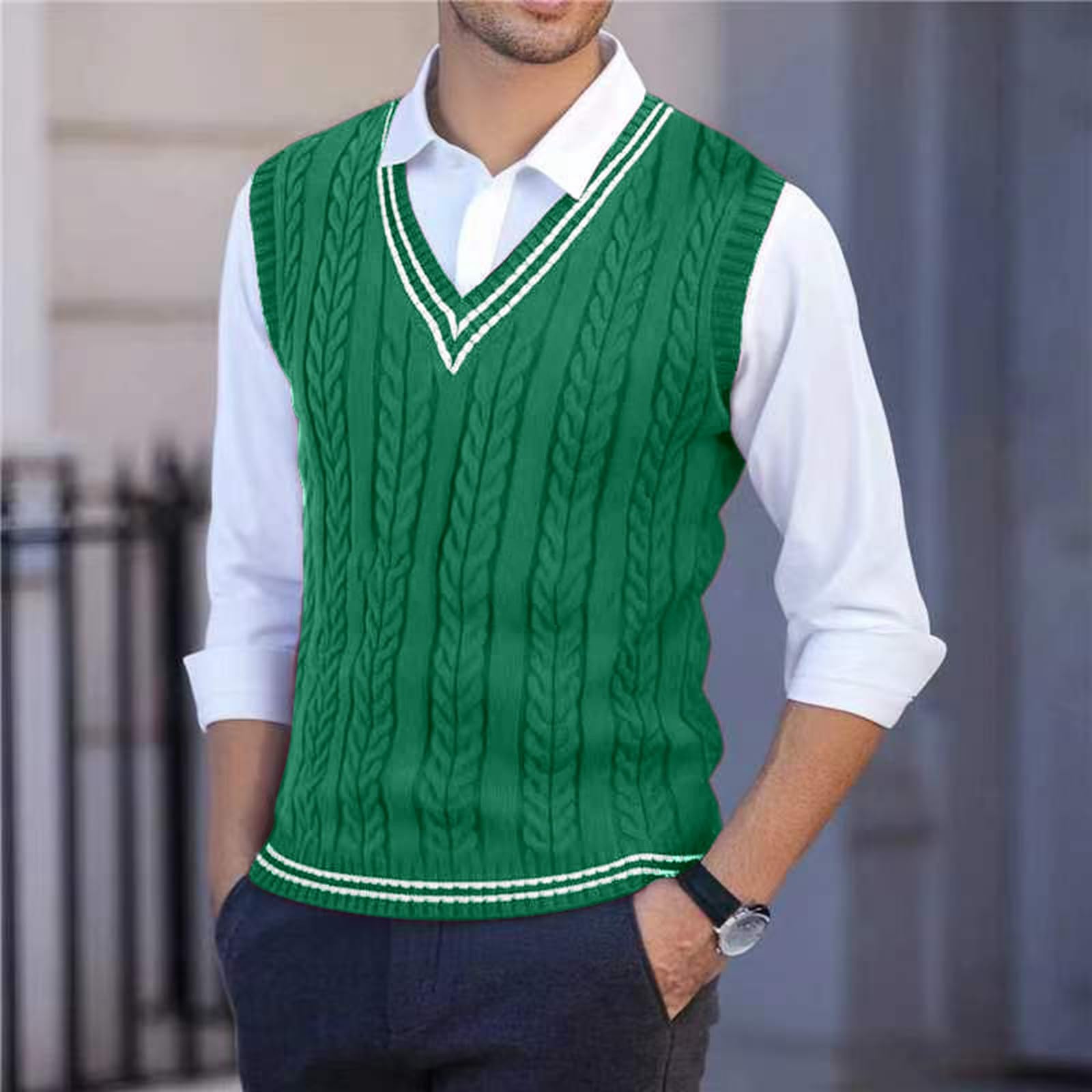 2025 Chaleco de suéter para hombre, ajuste estrecho, casual, tejido, sin mangas, cálido, para el invierno, en capas, elástico, cómodo, ligero, cuello redondo Chaleco Genérico de septiembre, verde, XXL