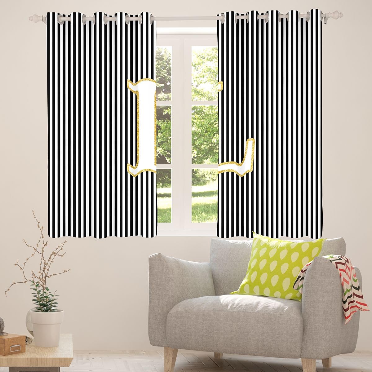 Homewish Firanki okienne w paski z inicjałem L 117 x 137 cm 2 zestawy paneli - zasłony zaciemniające czarno-białe abstrakcyjne zasłony okienne geometryczne stylowe monogram nowoczesne modne wzory