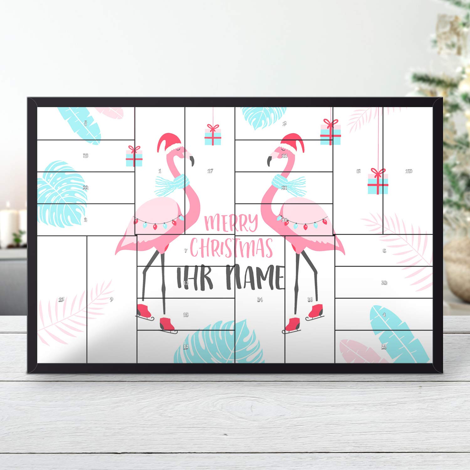 printplanet - Adventskalender mit 24 Schachteln zum selbst befüllen - mit eigenem Namen personalisiert - Motiv Flamingo individuell Gestalten.