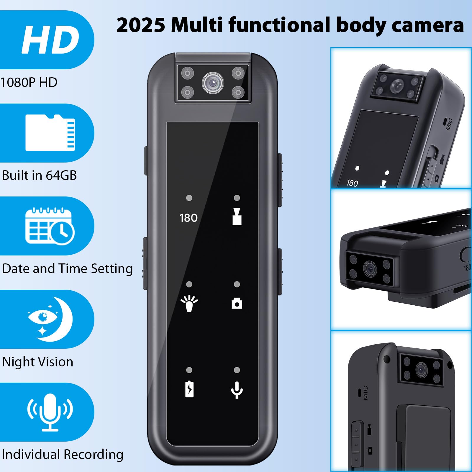 Body Cam Objectif Rotatif Caméra Espion 180° 64G avec Vidéo et Audio HD 1080P Mini Camera à Vision Nocturne Camera Portable Enregistrement Vidéo & Audio - pour Extérieur, Police, Vélo
