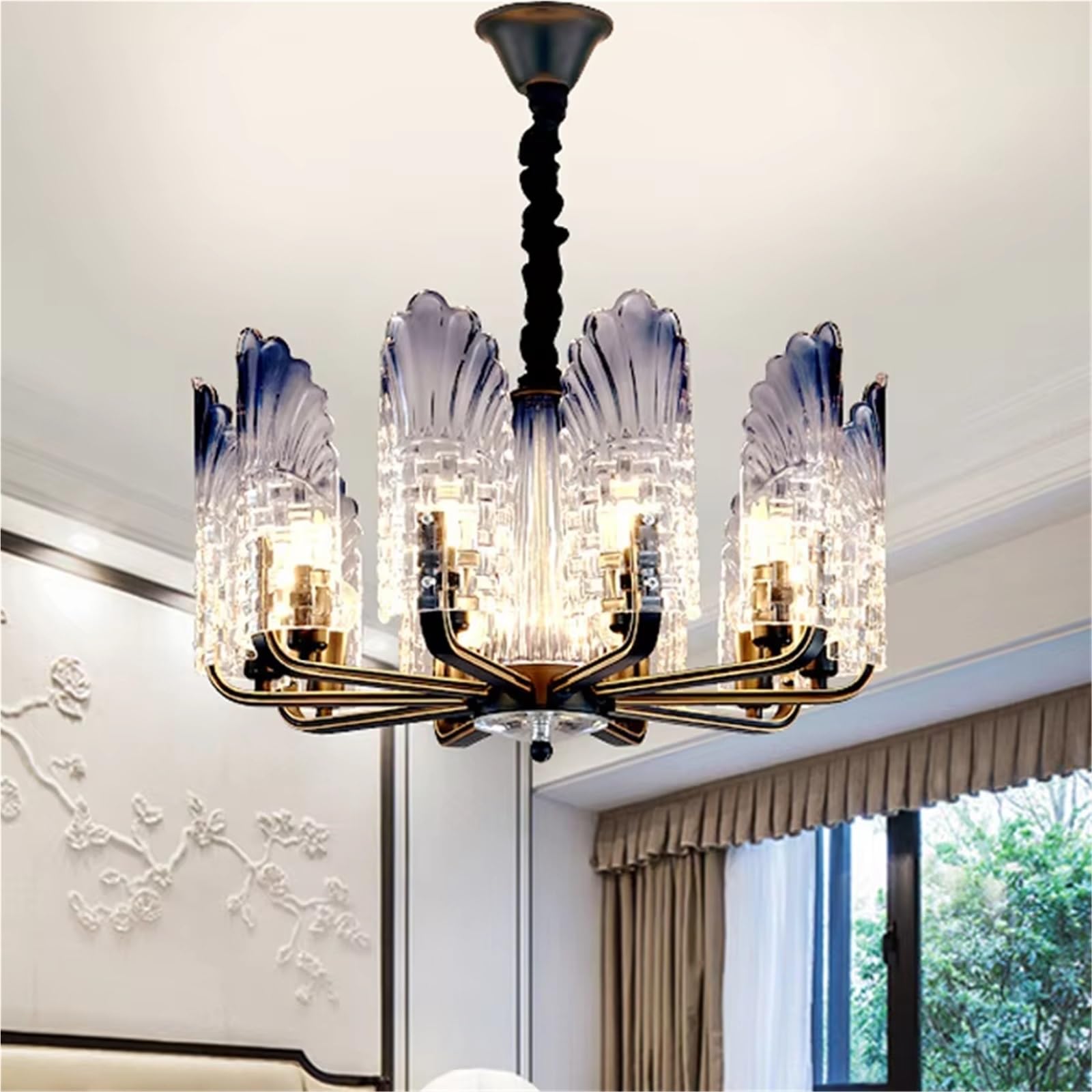 SYAXVOM Modern LED Glass Chandelier - Round & Long Shell Shape, Elegant Blue Lighting Fixture for Living Room Dining Room, Contemporary Home Decor, Energy Efficient