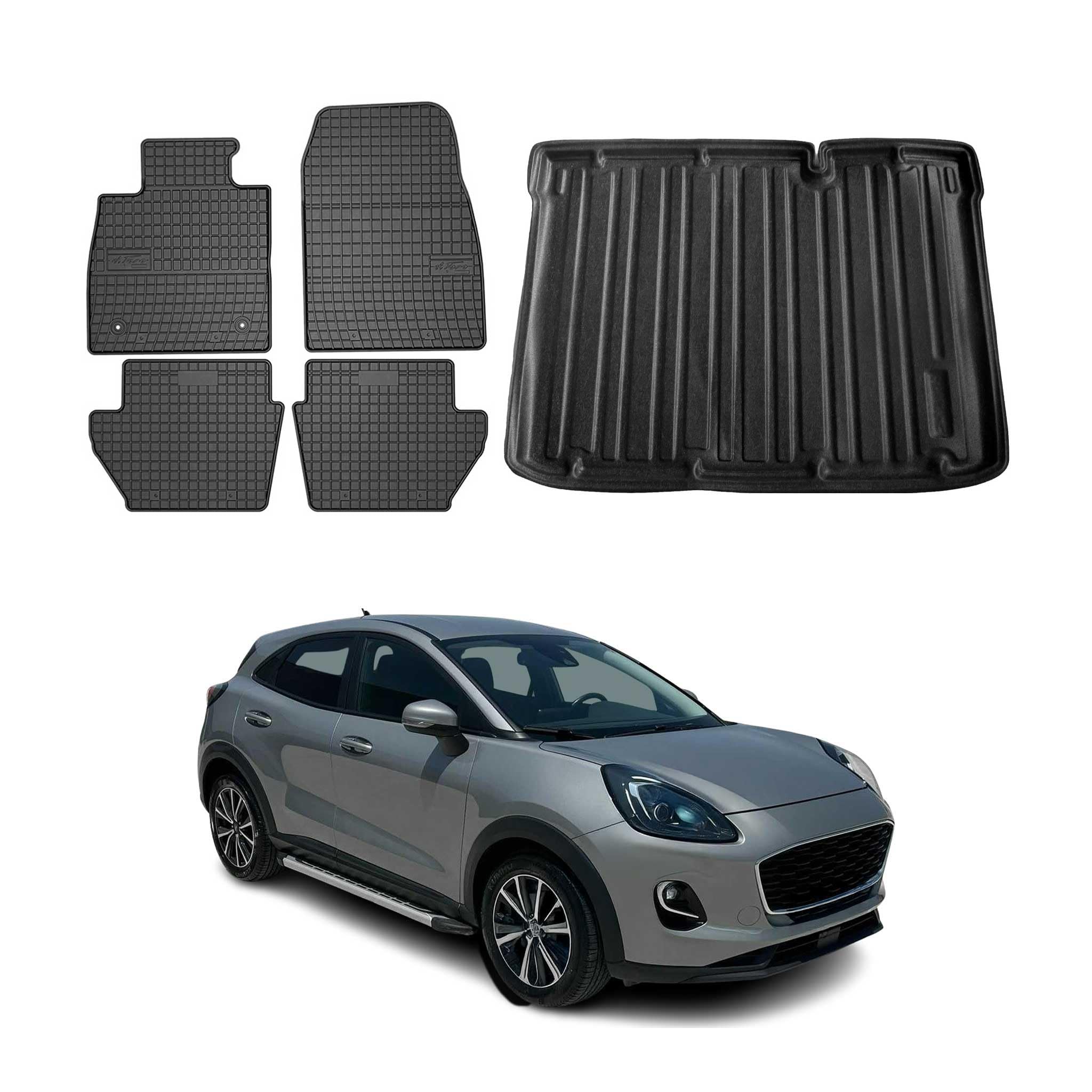 OMAC Fußmatten & Kofferraumwanne Set kompatibel mit Ford Puma Untere 2019-2026 Gummi Schwarz 5X