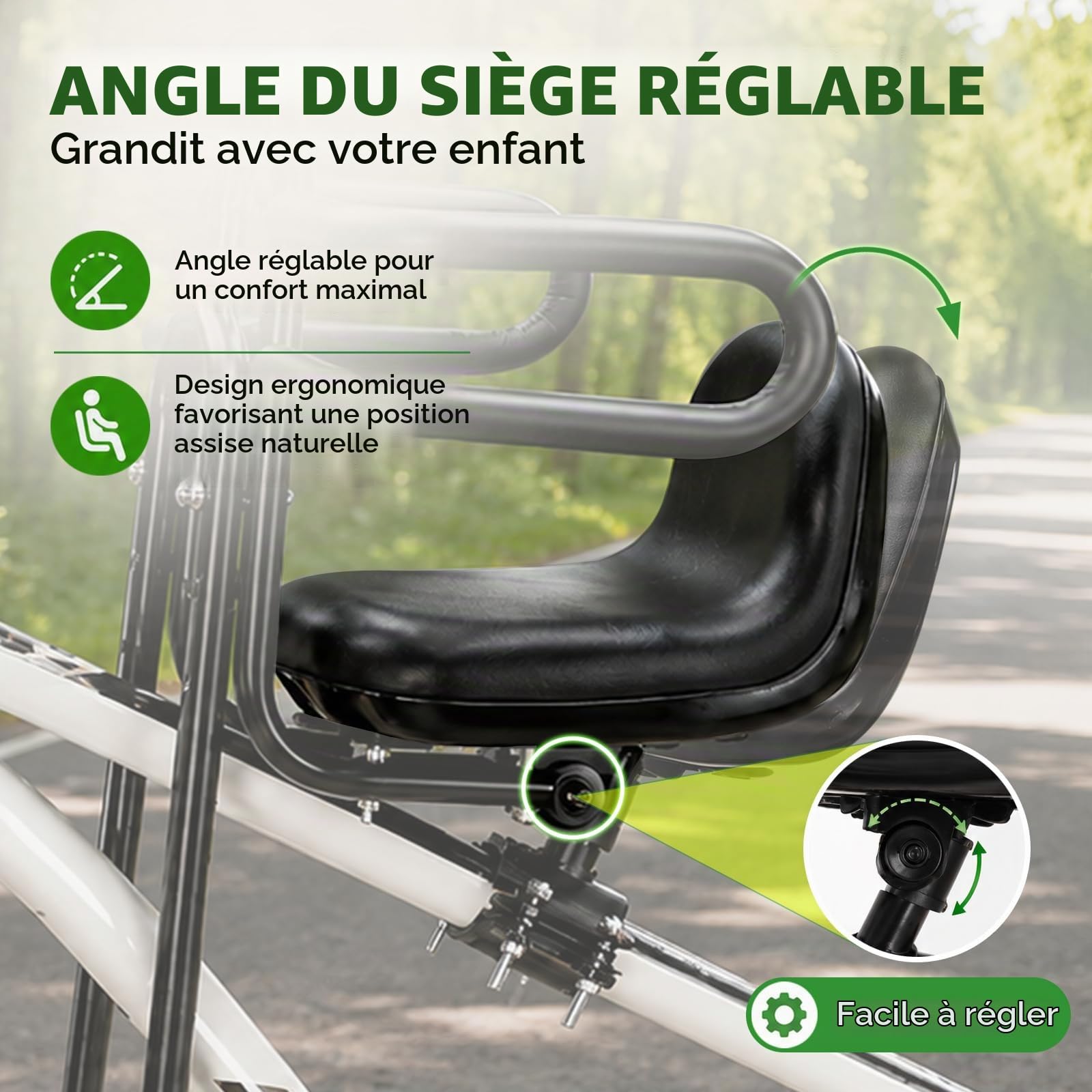 Siege Velo Enfant Avant, Siège Vélo Enfant Angle du Siège Réglable | avec Accoudoirs et Repose-pieds, Siège Bébé Avant pour VTT, Vélos de Ville et Vélos Pliants