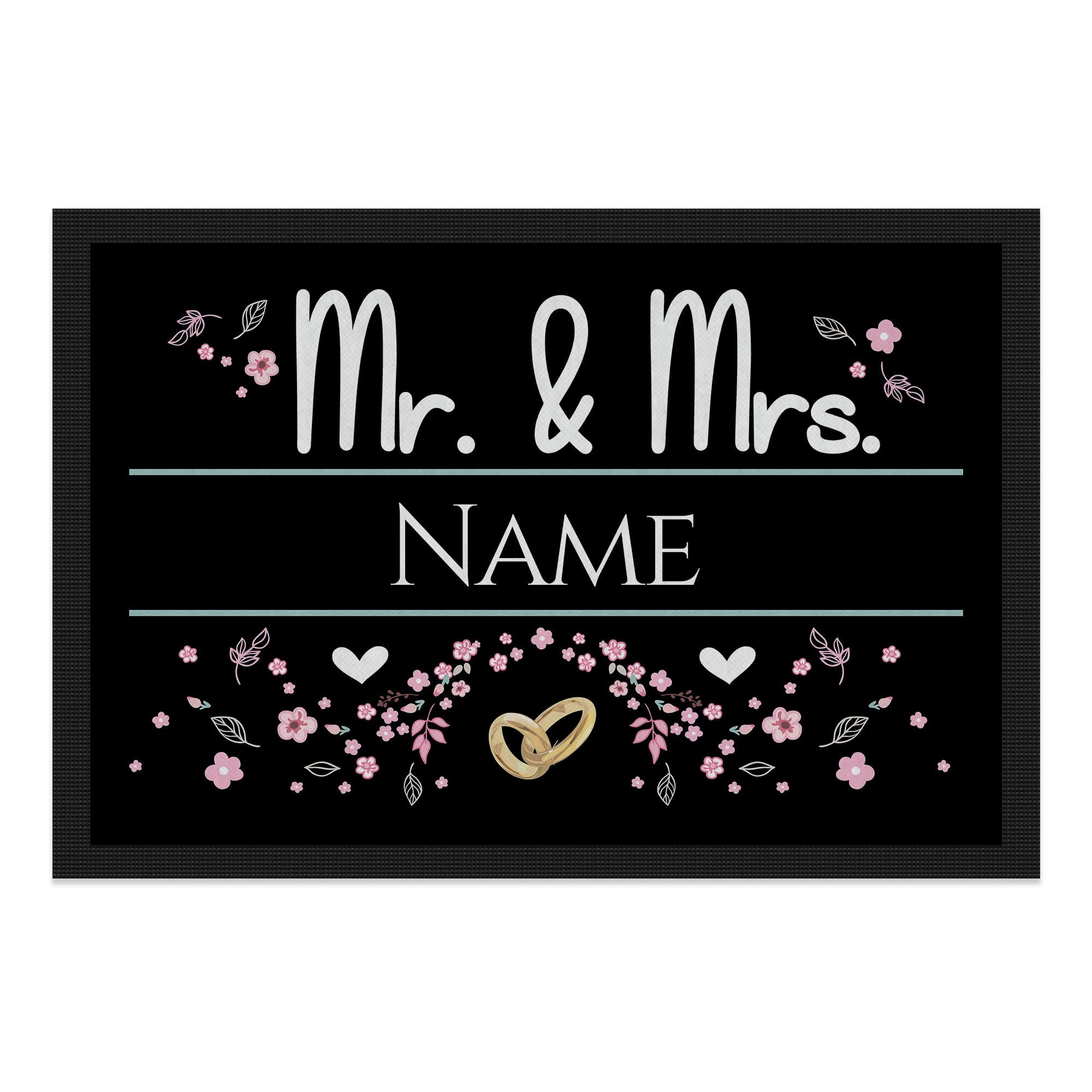 Print Royal Personalisierte Fußmatte mit Namen - Mr und Mrs mit Blumen und Ringe - Geschenke zum Einzug | rutschfest, 120x80cm mit Gummirand