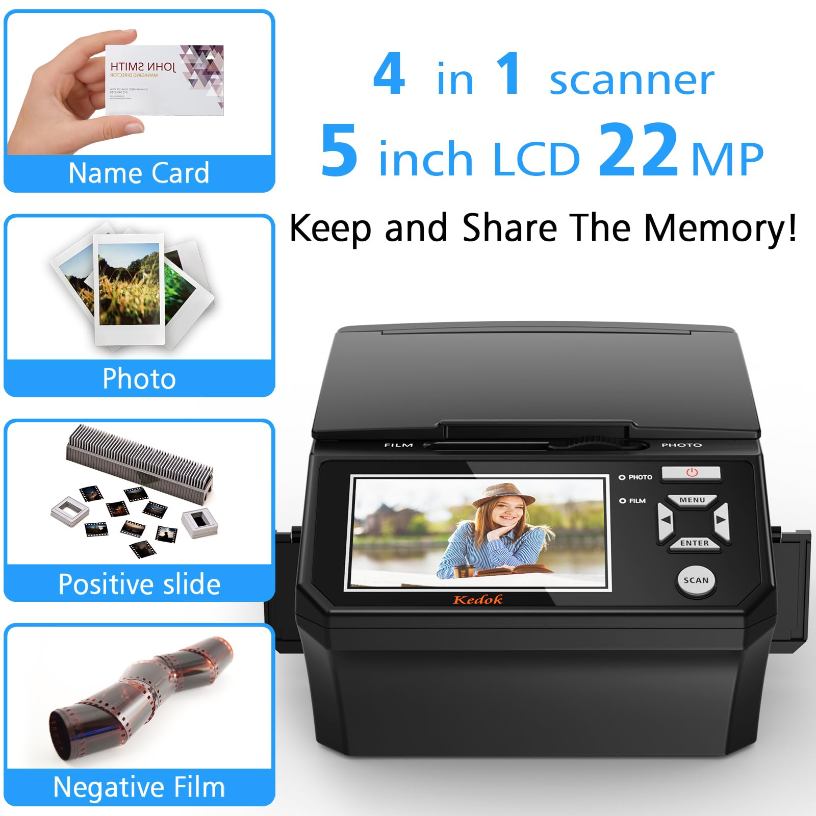 Scanner multi-photos pour photos, diapositives et négatifs, scanner photo à numériser avec grand écran LCD de 5, convertir 35 mm, 110 films/photo/carte de visite en JPEG numérique 22 MP