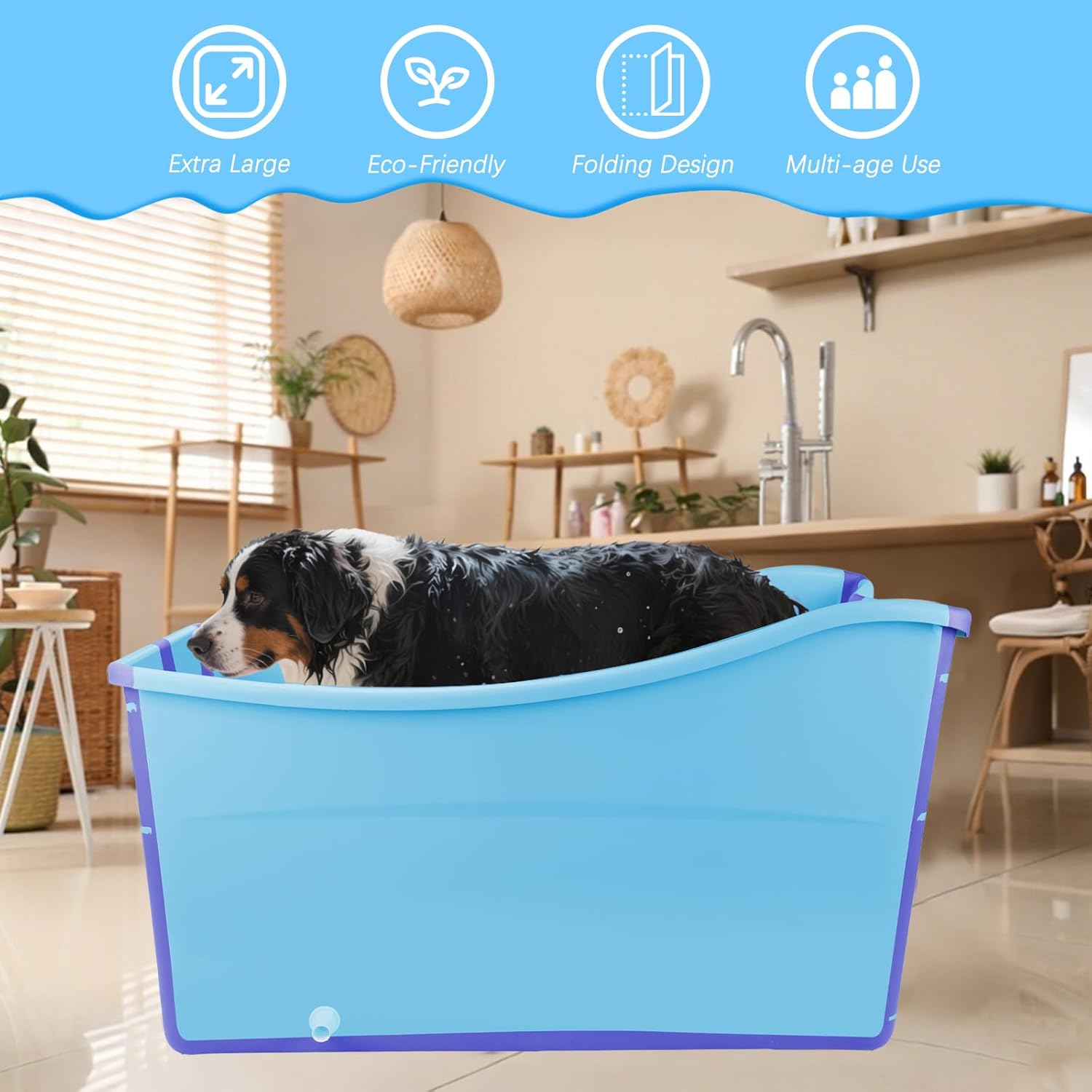 FHTONGE 49Gal/186L Collapsible Extra Large Dog Bathtub with Drainage, Thicken Portable Shower Bucket for Big Dog Indoor/Outdoor Bathing Camping, Freestanding Surround Pet Large Soaking Barrel Bule