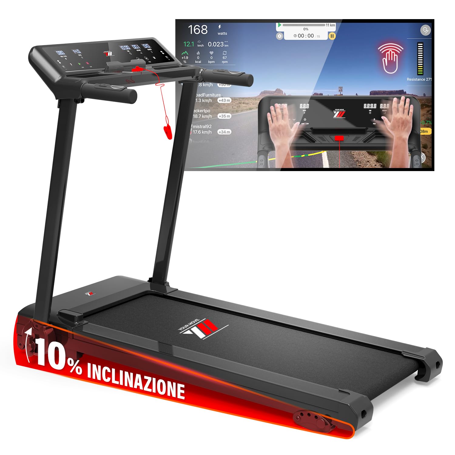 YM Tapis Roulant Elettrico Pieghevole Fino a 16 kmh/, Brand Italiano, Inclinazione, APP Interattive Kinomap Zwift Bitgym, Salvaspazio, Sensori Cardio, Salvaspazio, 12 Programmi, NEXT 4000 Your Move