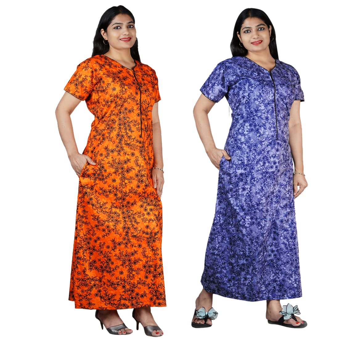 Wristy Women's Cotton Maxi Maternity Nighty (Multicolor, Free Size) Combo Pack of 2 Pieces