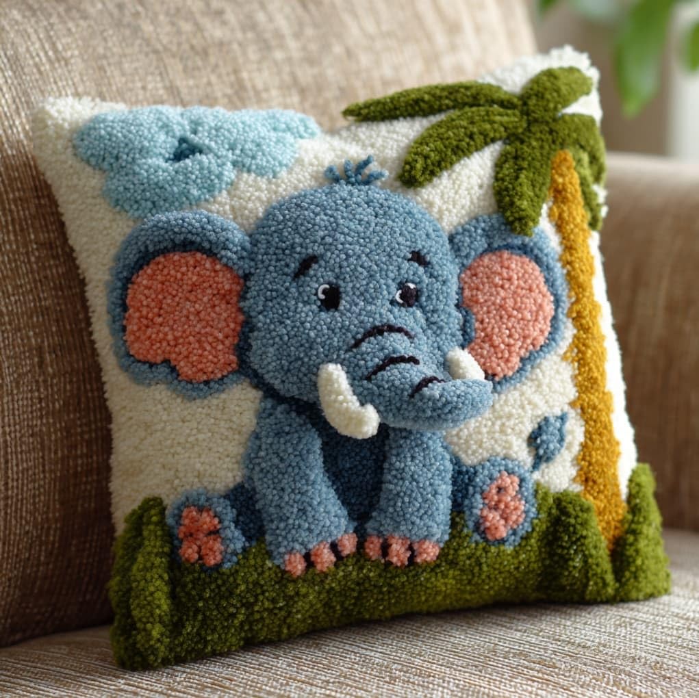 AxiangziK 43x43cm DIY Latch Hook Cushion Kit,Cute Little Elephant