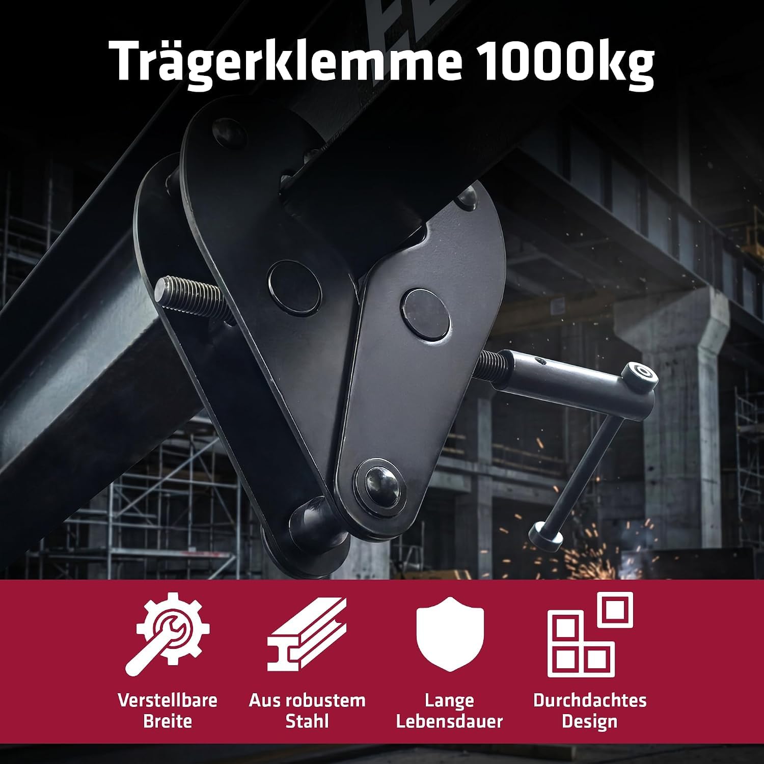 ELMAG Trägerklemme 1000 kg – Balkenklemme für Stahlträger & Balken 75–220 mm mit sicherer Spindelmechanik und kompakter Bauweise – Klemme für Hebezeuge, Kettenzüge und Anschlagpunkte