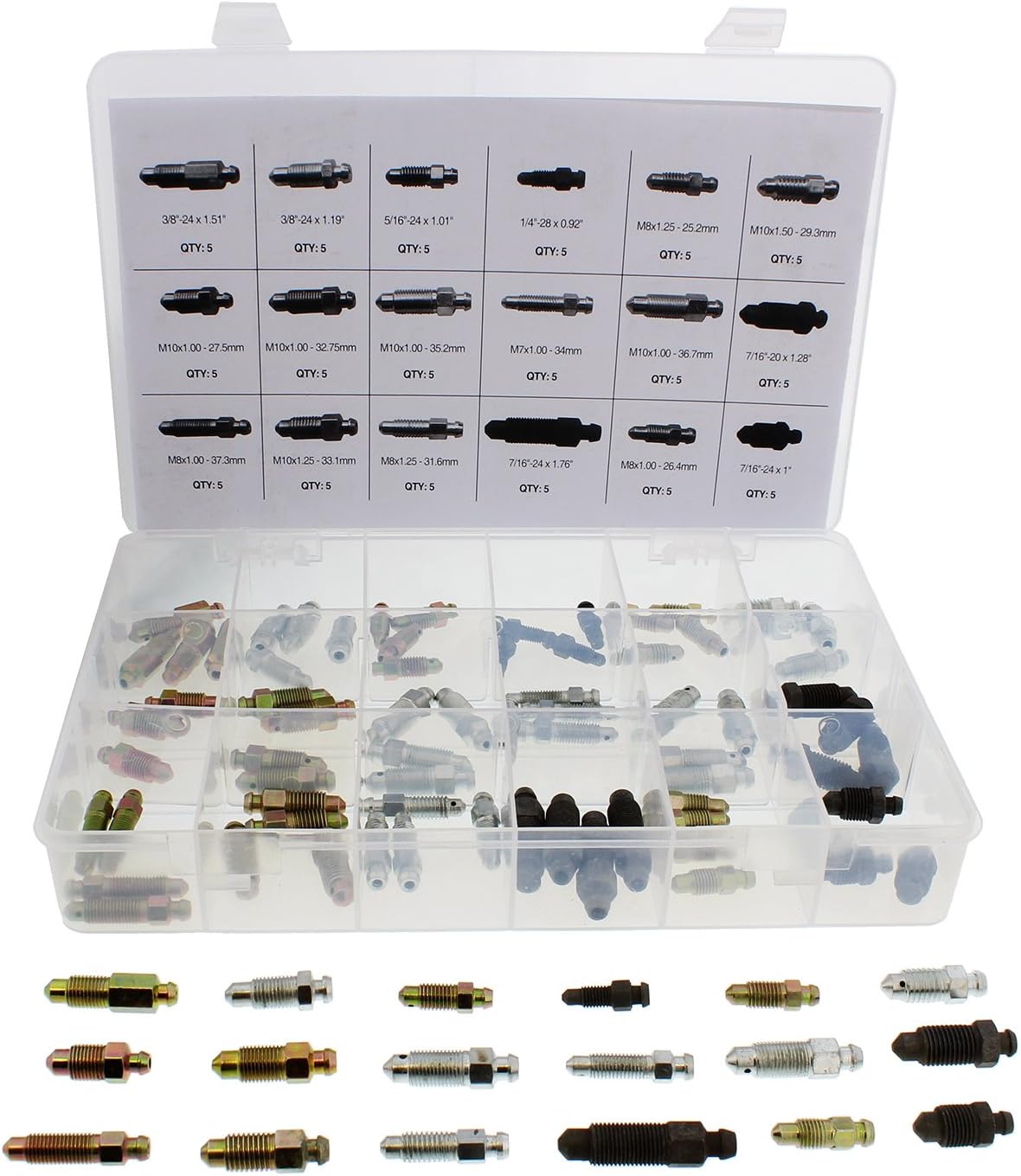 Abn Brake Caliper & Wheel Cylinder Bleeder Screw 90-Piece Assortment, Standard (SAE) & Metric Bleeding Screws Bleed Kit
