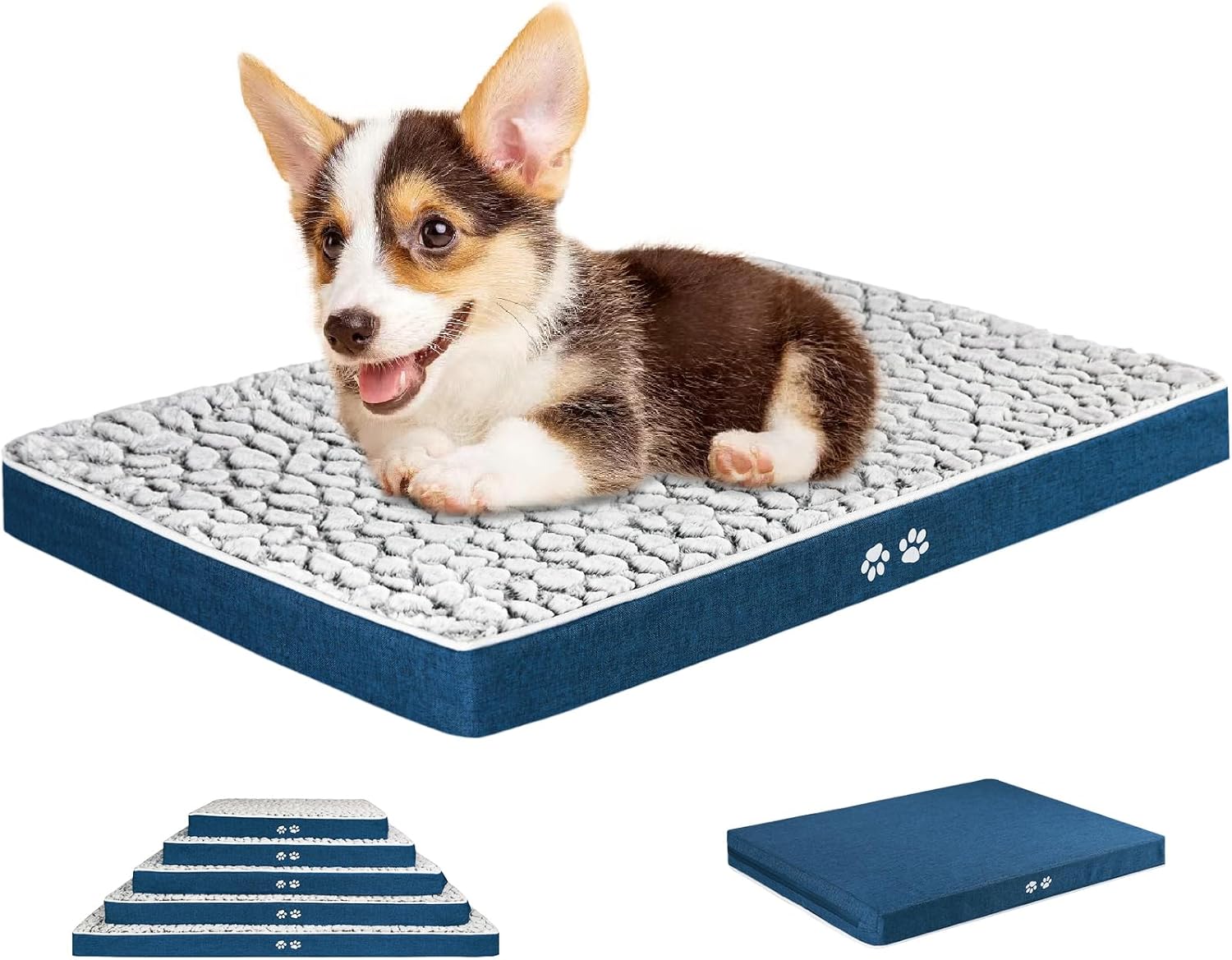 KROSER Dog Bed Crate Mat for Small, Medium, Large and Extra Large Cats, Stylish Dog Pad Mattress (Cool & Warm) with Waterproof Linings, Pet Mat with Removable Machine Washable Cover, Grey/Navy