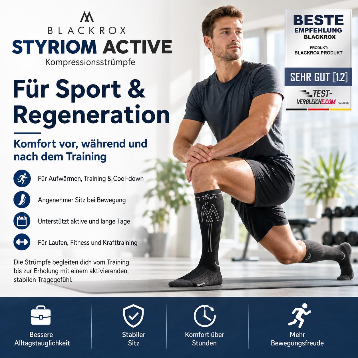 BLACKROX STYRIOM ACTIVE [Vergleichssieger 2026] Kompressionsstrümpfe Damen Herren 1 Paar, Sport & Alltag, atmungsaktiv, für Laufen, Fitness & Beruf