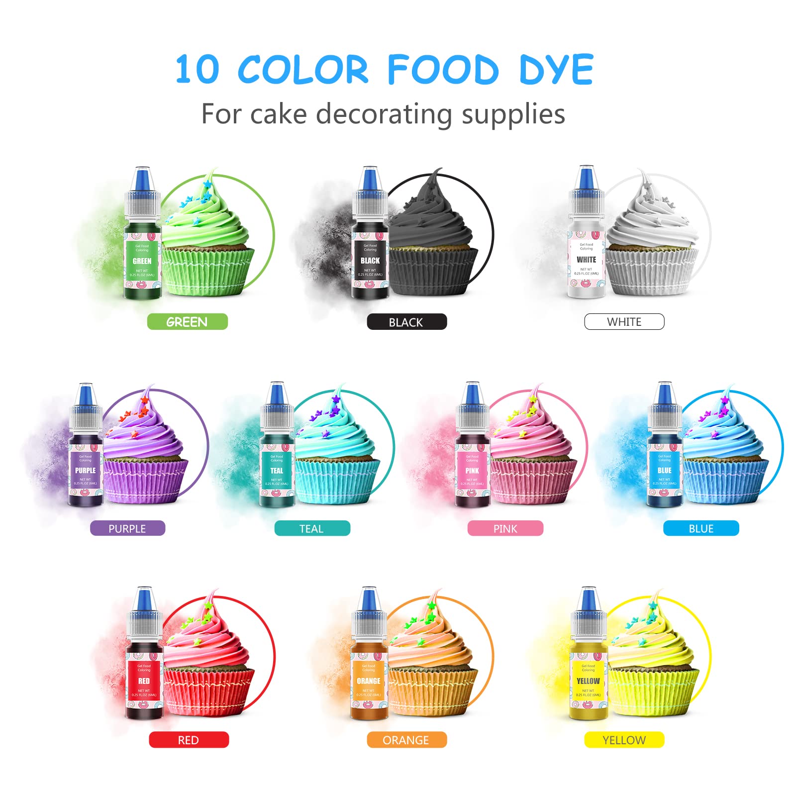 Juego de decoración de pasteles para colorear alimentos, 10 colores, a base de gel, sin sabor, comestible, colorante de coloración de neón concentrado, vibrantes colores de glaseado para niños, hornear, macarrón, glaseado, galletas (0.2 fl oz/botellas) 2