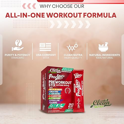 Miniatura 7 de Clean Nutraceuticals Palitos energéticos en polvo para antes del entrenamiento, cafeína, 100 mg, mezcla de bebida energética, monohidrato de