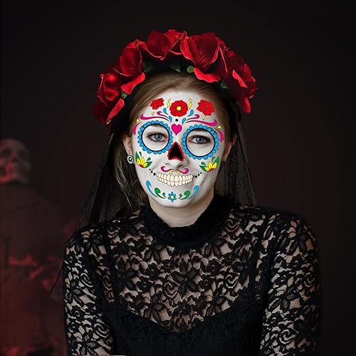 Miniatura 4 de Tatuajes faciales de Halloween, Día de los Muertos, tatuajes temporales para mujeres, calcomanías de tatuaje de calavera de azúcar de Halloween con