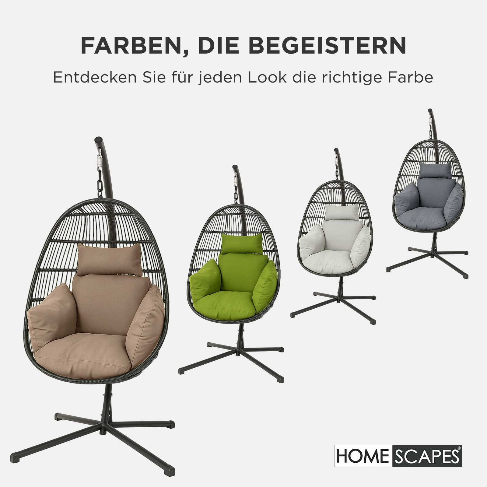 Homescapes Hängesessel-Kissen Outdoor grau mit Kopfstütze, Polster-Auflage für Hängeschaukel, Hängekorb-Stuhl, 2-teilig mit Kopfteil und Bindebändern, weich & wetterfest