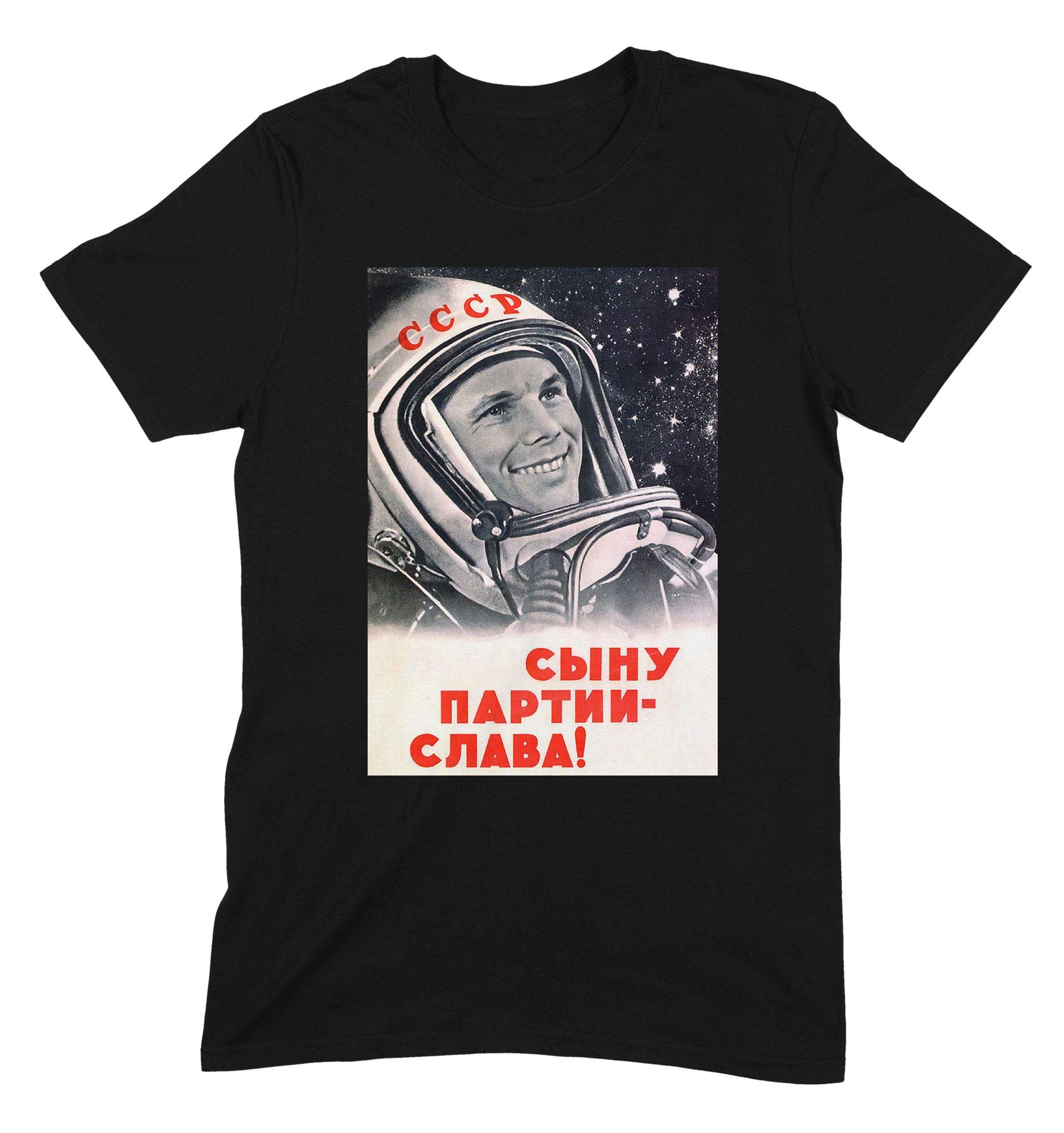Yuri Gagarin Soviet Union Space Propaganda Poster CCCP Communist Mens T-Shirt (Medium, Black)