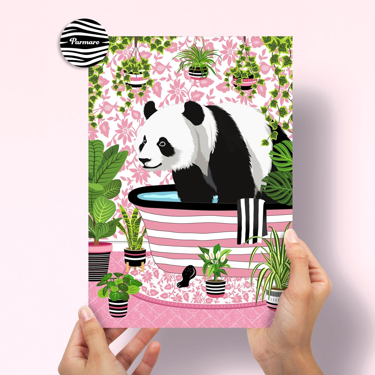 Panda in Bath Print, Panda in Pink Bathroom Print, A4 UNFRAMED Print, Animal on Toilet Print, Botanical Tropical Bathroom Decor - Image 3