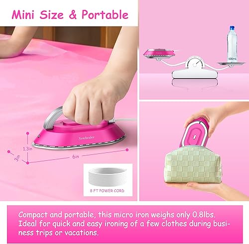 Miniatura 5 de Newbealer Plancha de viaje con voltaje global, mini plancha en seco de 100-240 V para ropa (sin vapor), máximo 300 W, calentamiento de 60 segundos,