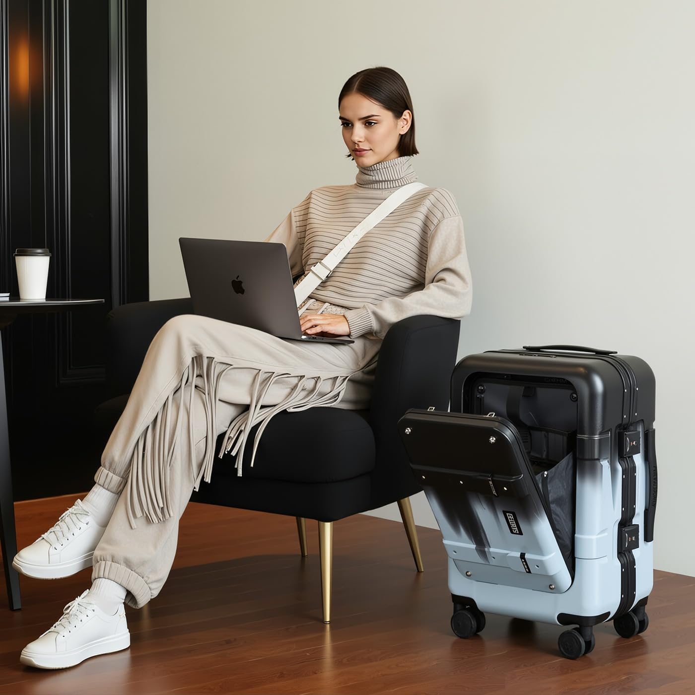 20 Inch Front-Opening Carry On Luggage, Ultra-Durable PC Shell with Reinforced 440G Aluminum Frame & TSA Lock, USB Port, 360° Silent Wheels for Air Travel(Clash Blue)