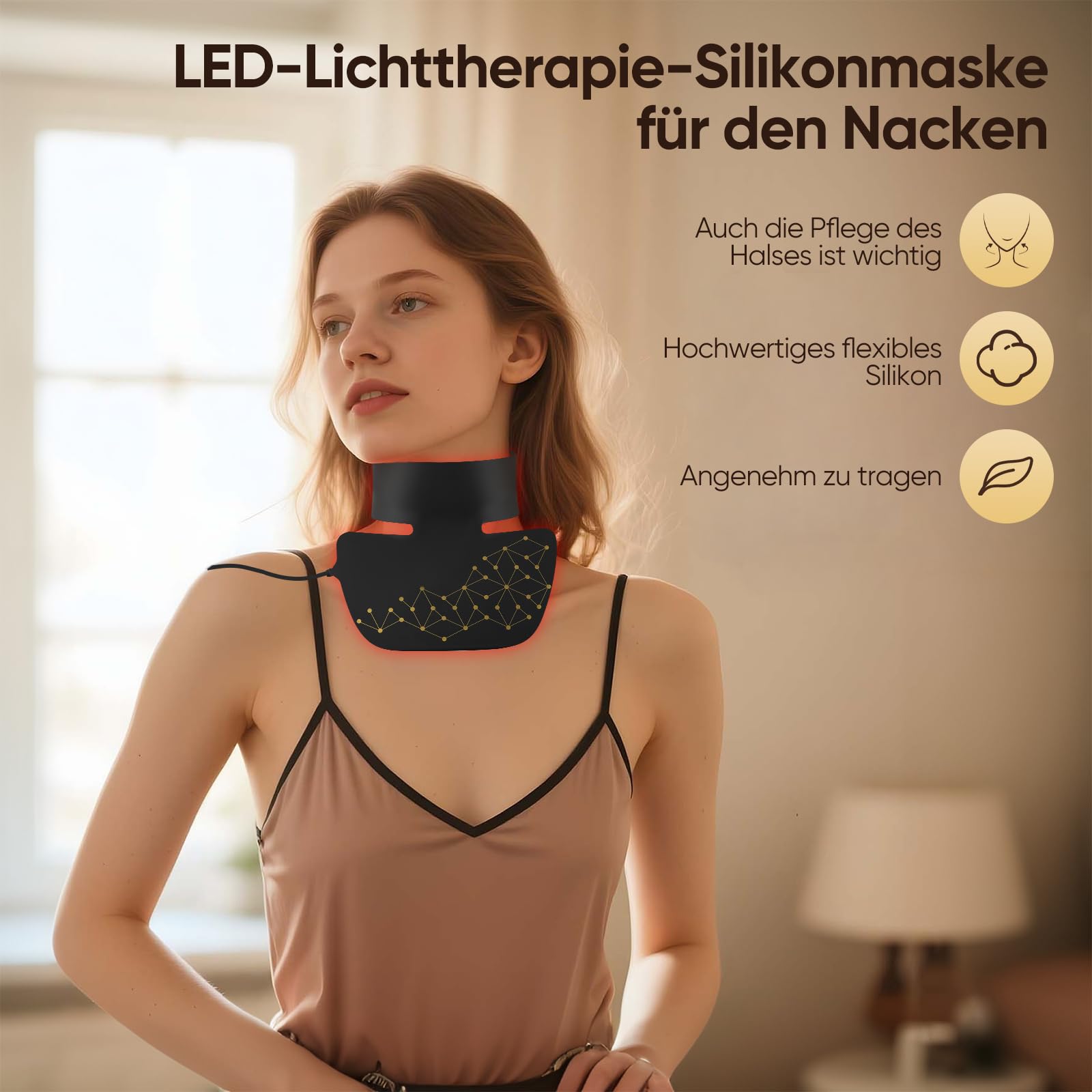 44 Triple-LED Rotlicht-Maske für Hals und Dekolleté, 4 Modi, Timer, Tragbares Silikon-Hautpflegegerät für zu Hause, Massagegerät mit LED-Lichttherapie