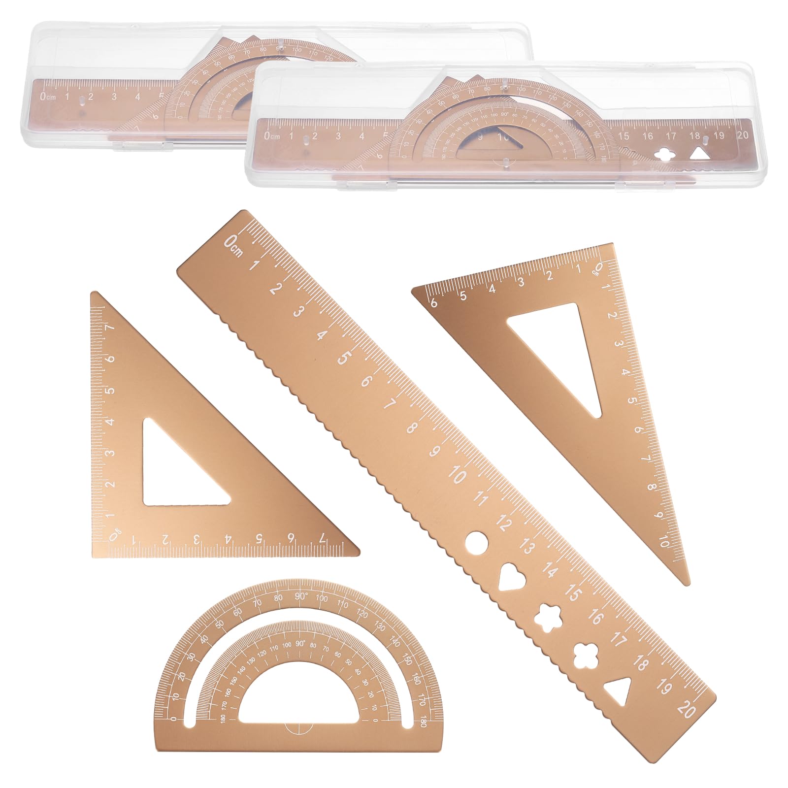 PATIKIL 8 Pcs Geometry Drafting Tool, Aluminum Alloy Geometry Kit Math Tool Includes 20cm L Ruler Protractor Triangles for Drafting Angle Measure Simple Science Experiment, Gold