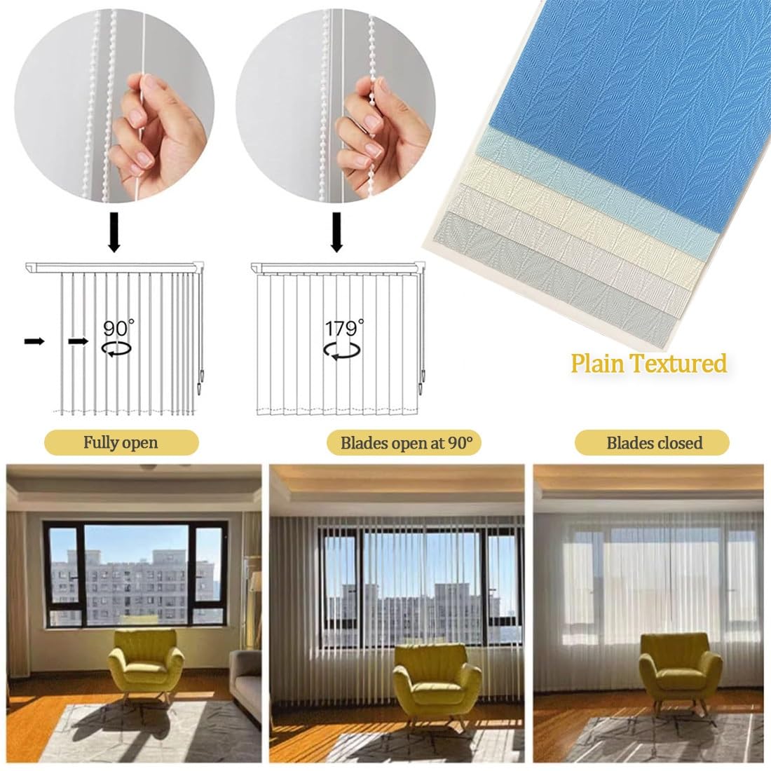 Tenda a Strisce Verticali con Bande in Tessuto da 97mm, Oscurante Verticale Veneziane, Tende Verticali Scorrevoli for Postazioni di Lavoro in Ufficio e for la Casa(Azzurro,W100xH180cm)