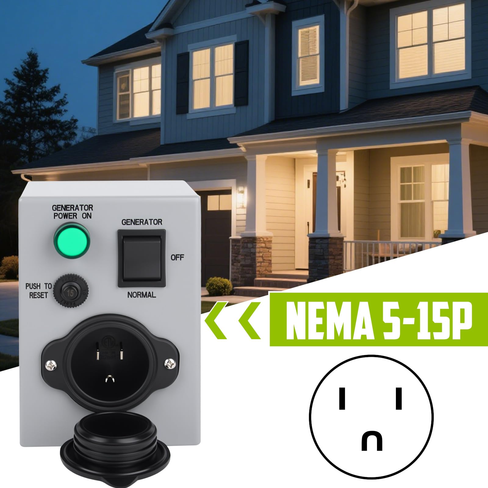 15 Amp Generator Transfer Switch with Pre-drilled Holse, LED Indicator 125V 1875W 15A NEMA 5-15P Power Generator Transfer Switch for Emergency Power Outage Outdoor/Indoor Use, ETL Listed — view 8