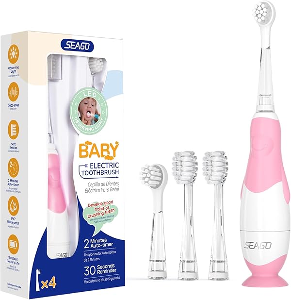 Seago Elektrische Zahnbürste Kinder ab 0-3 Jahr mit LED Licht, Weichen BPA-freiem Runder Gummierte Bürstenkopf, 2 Minuten Smart Timer, Wasserdicht IPX7, für Empfindliche Babyzähne, SG513(Rosa))