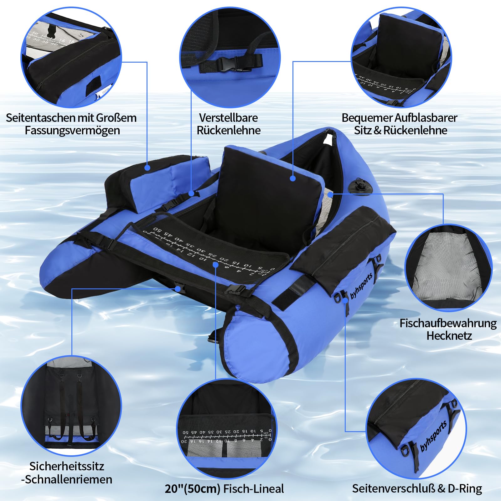 Professional Schlauchboot, Bellyboot zum Raubfischangeln, 160 kg Tragfähigkeit Angelboot -inkl. Pumpe, Verstellbare Rucksackgurte, Aufbewahrungstaschen, Fischlineal（Blau）