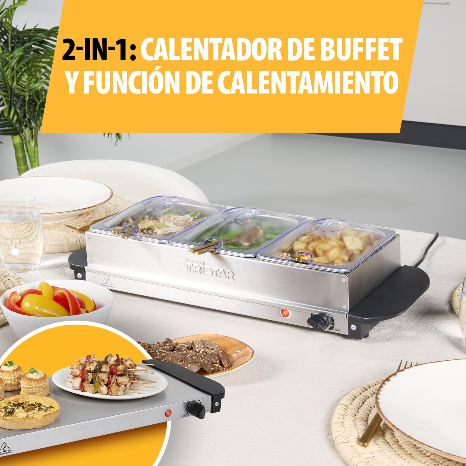Tristar Calientaplatos Buffet de Acero Inoxidable para Fiestas y Buffets, 4,2 L, Termostato Ajustable, 3 Recipientes Calientaplatos, Función de Placa Calefactora, 200 W, Plateado, BP-6283