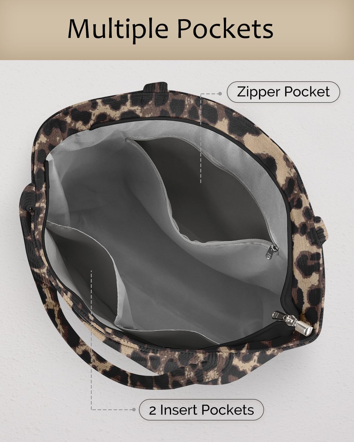 Prite Corduroy Tote Bag for Women Large Shoulder Bag with Zipper and Pockets for College Work Travel Shopping - Image 5