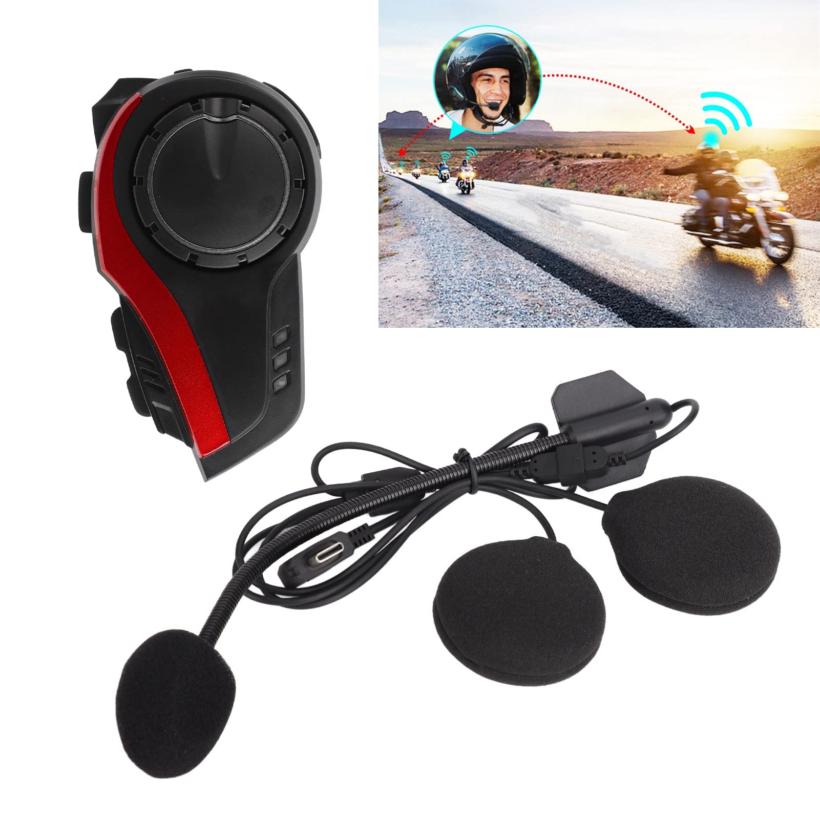 Bewinner Auriculares Bluetooth para Moto con Chip 5.0, Reducción de Ruido IP65 a Prueba de Agua, Intercomunicador de Alcance de 1000 M, Manos Libres Estéreo HiFi para Casco (Rojo)