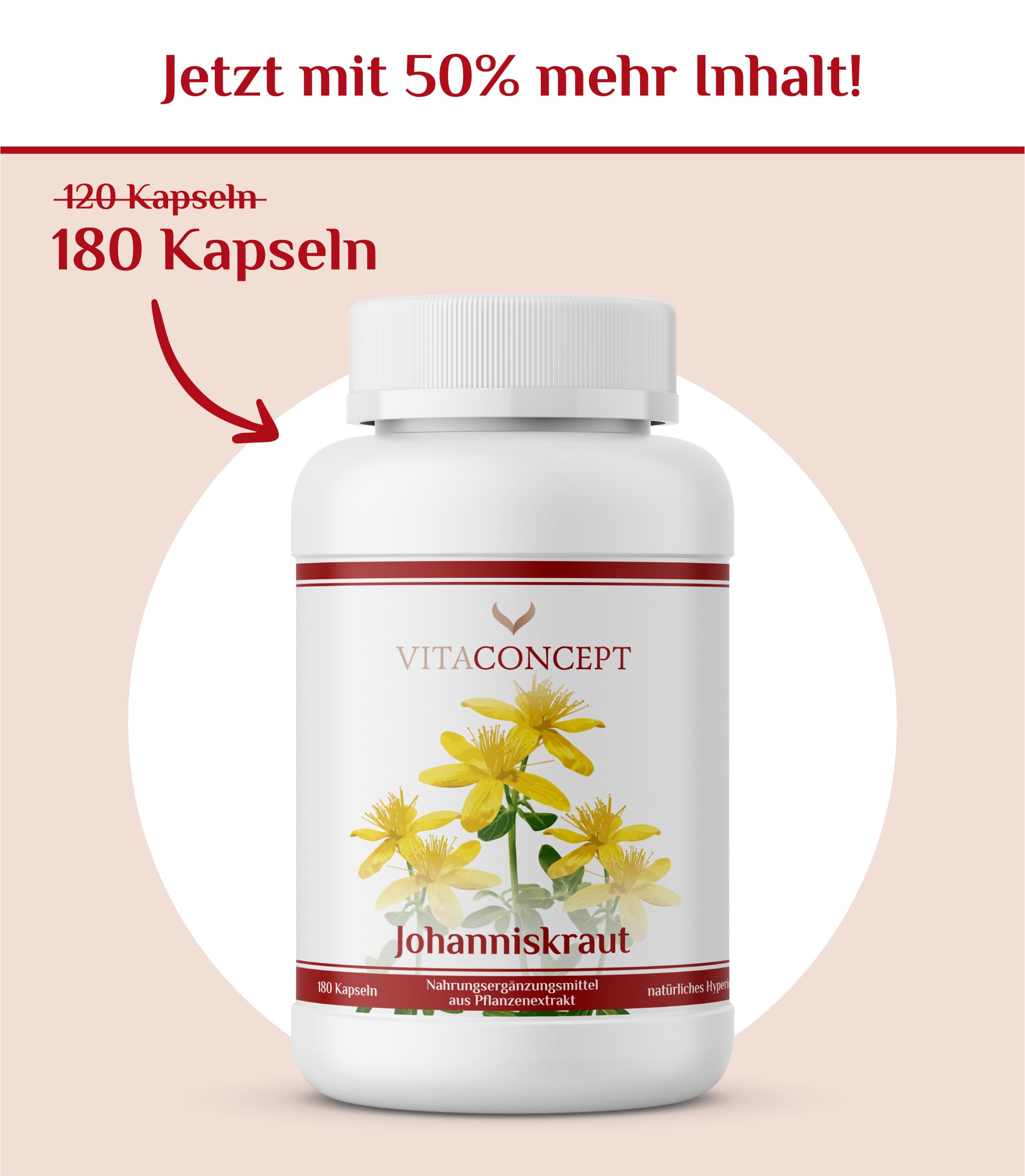 Johanniskraut Extrakt I 5000 mg pro Kapsel I inkl. natürlichem Hypericin und Hyperforin I zertifiziert laborgeprüft I 180 Kapseln I vegan I Vitaconcept