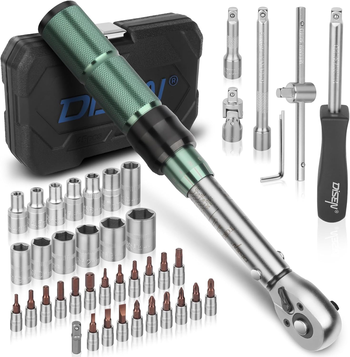 DISEN 44PCS 1/4" Drive 20-140 In.lb Bike Torque Wrench with Bit Sockets Set, 72-Tooth Precision Ratchet Dual Scale Click Type Torque Wrench for MTB