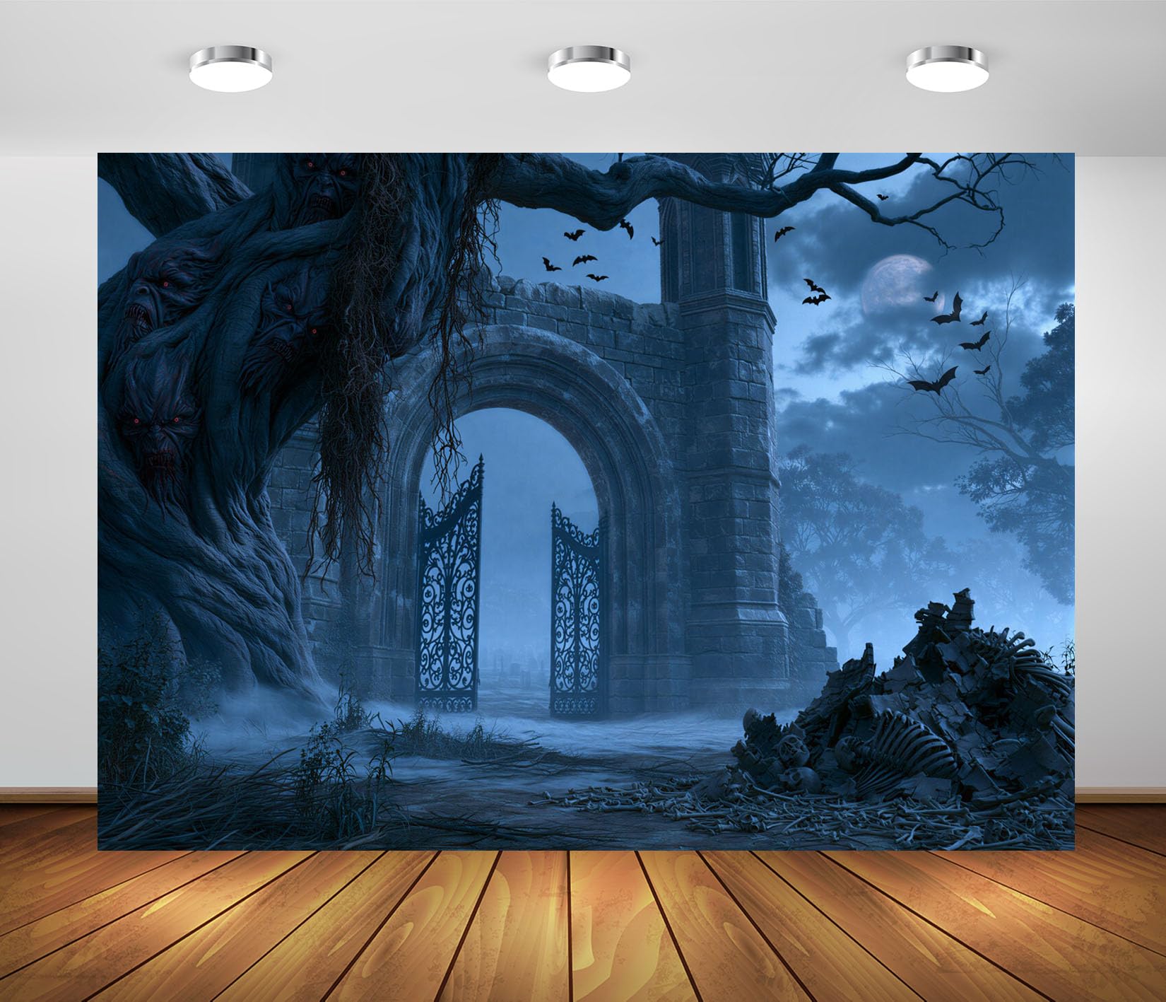 BELECO 6x3mTessuto Sfondo Halloween Albero Malvagio Cimitero | Albero Vecchio Spaventoso Porta Di Pietra Scheletro Teschio Cimitero Nebbioso Notte Sfondo Festa Orrore Telo Di Sfondo