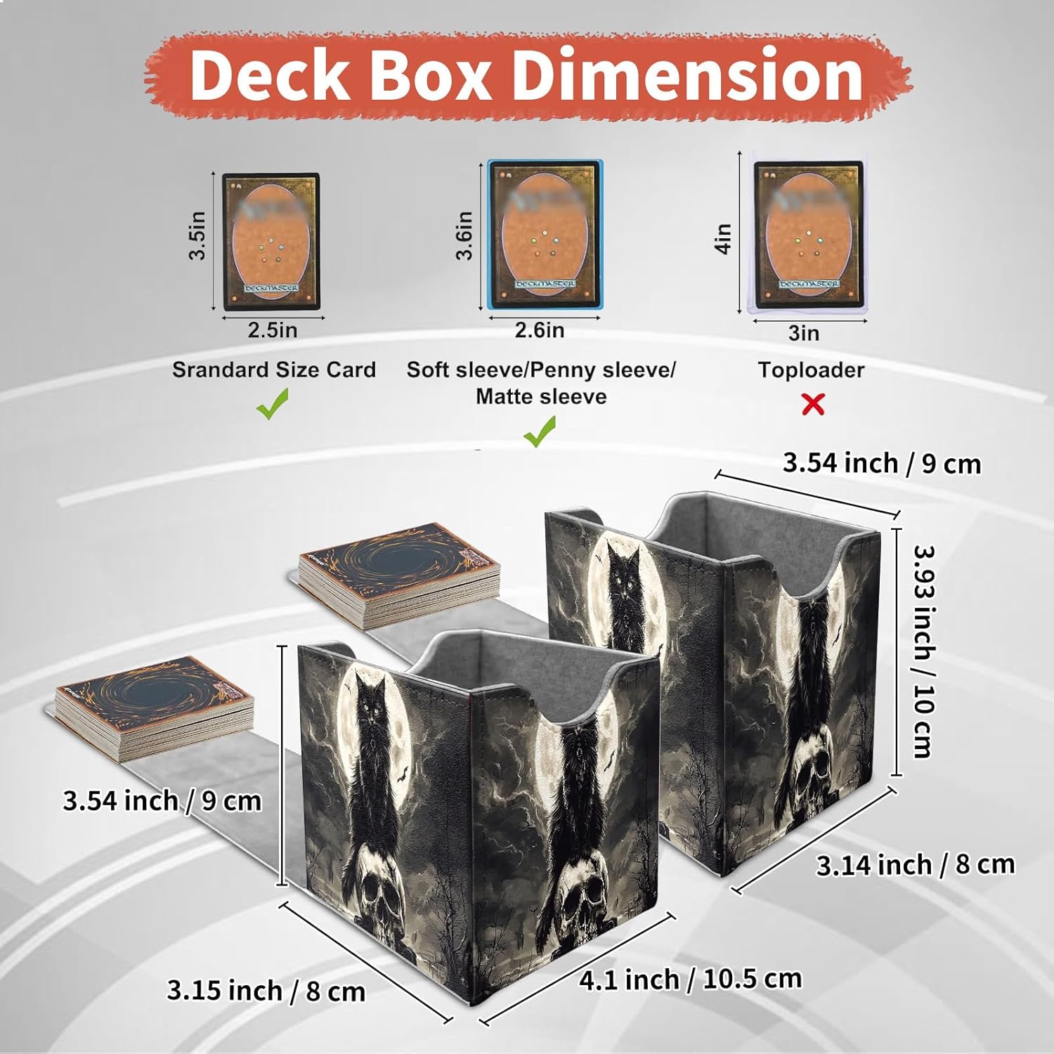 FUYOCWE Card Deck Box,MTG Commander Deck Box 100+ Double Sleeved Cards Storage,Magnetic Snap Leather Trading Card Case Oragnizer for TCG/CCG/Magic/Sports Cards-Black cat sit on a skull