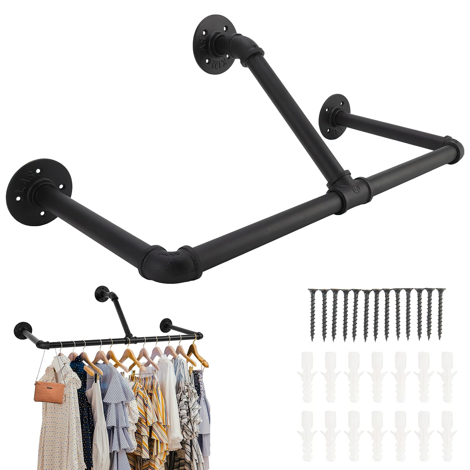 Otufan Wall Mounted Clothes Rack,22.0x10.6x10.2 Black Iron Industrial Pipe Clothing Display Rack Clothes Hanging Rod Bar for Home Hotel