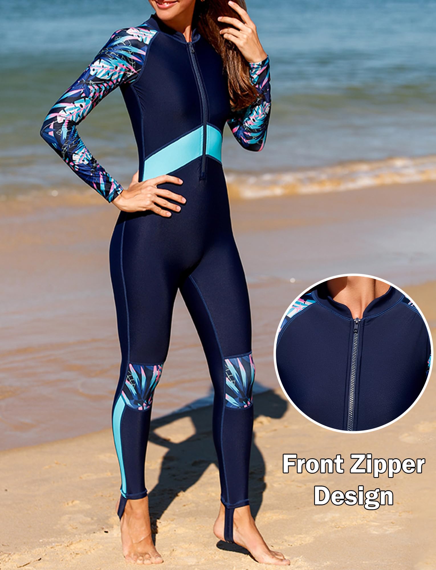 Costume da bagno intero da donna, con zip frontale, protezione UPF 50+, a maniche lunghe, costume da bagno intero con reggiseno integrato