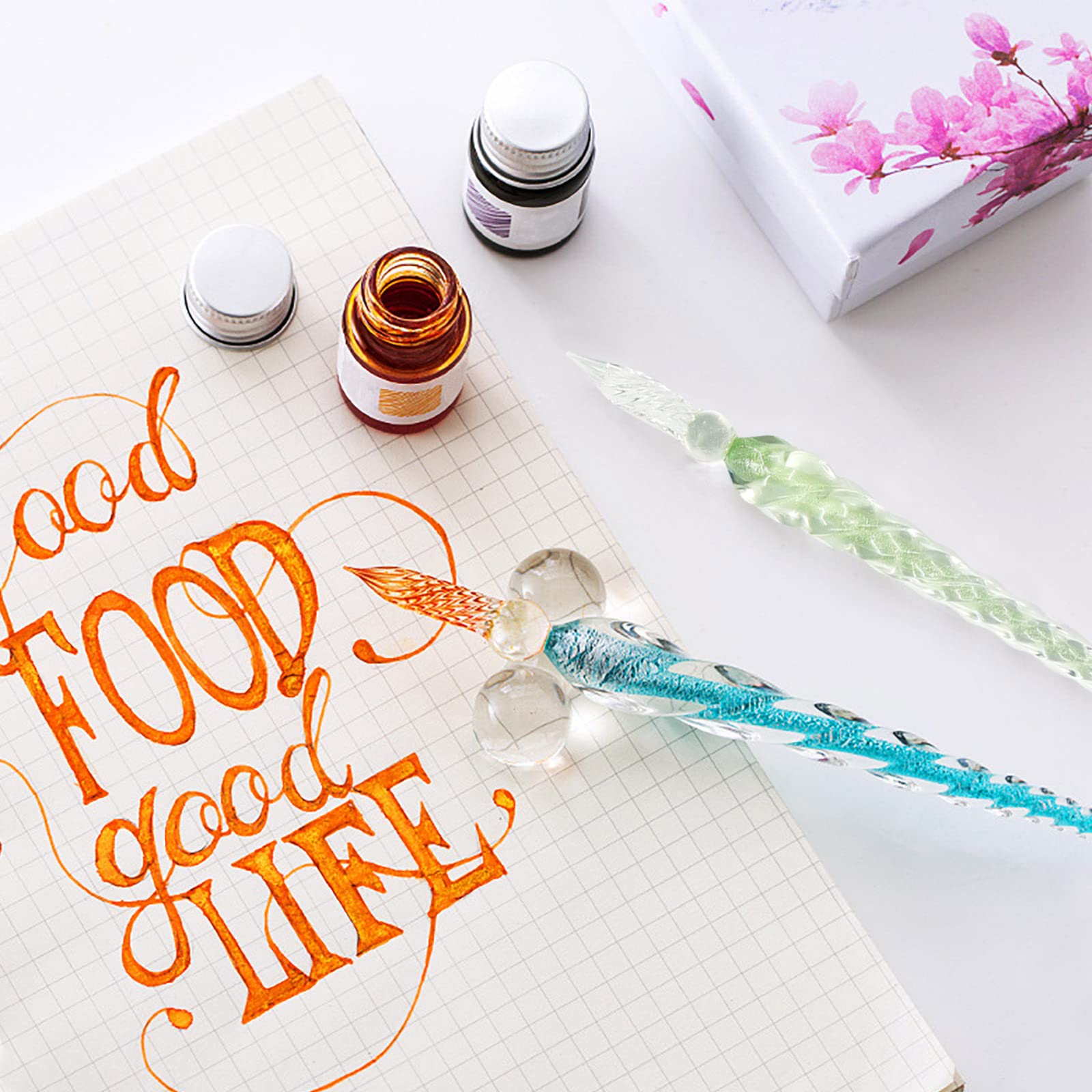 WANDIC Set 5 Penne A Immersione In Vetro Colorato Con Supporti – 24,9 Cm – Per Calligrafia, Disegno E Firma