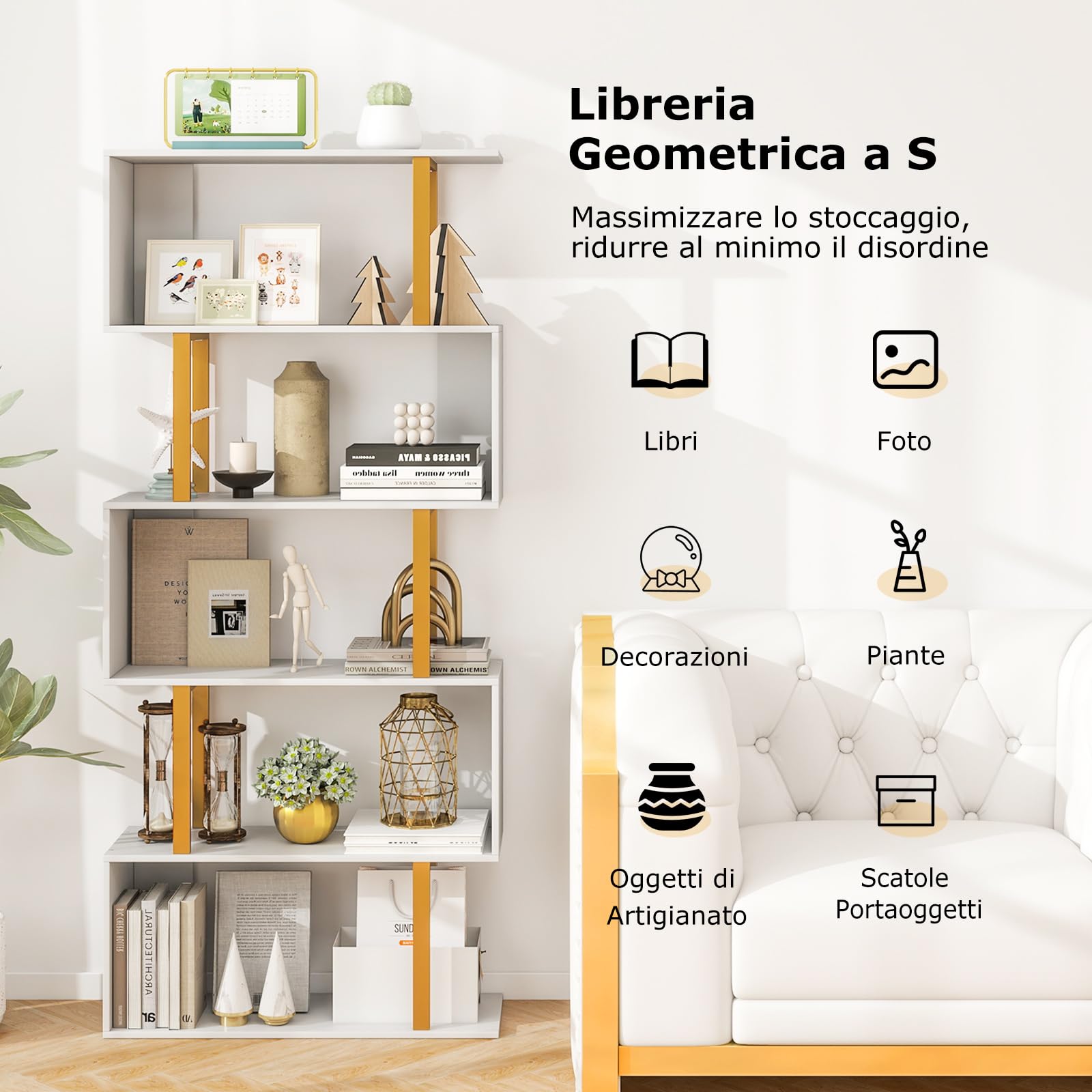 COSTWAY Libreria a 5 Livelli in Legno, Scaffale con Struttura in Metallo, Forma di S, Librerie Salvaspazio Divisorio per Soggiorno Ufficio e Studio, Carico 120kg (70 x 24 x 157 cm)