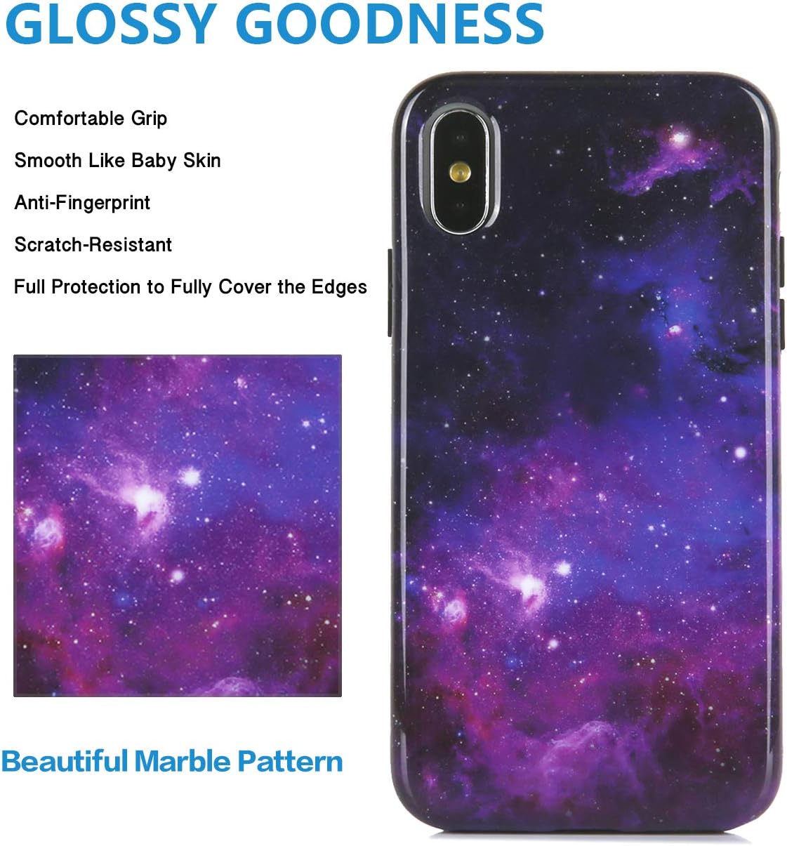 iPhone Xs iPhone X Case Cute Galaxy Blue Purple Starry Sky Floral Pattern IMD Hybrid Hard TPU Shockproof Phone Cases for Women Girls Men Boys[5.8"]
