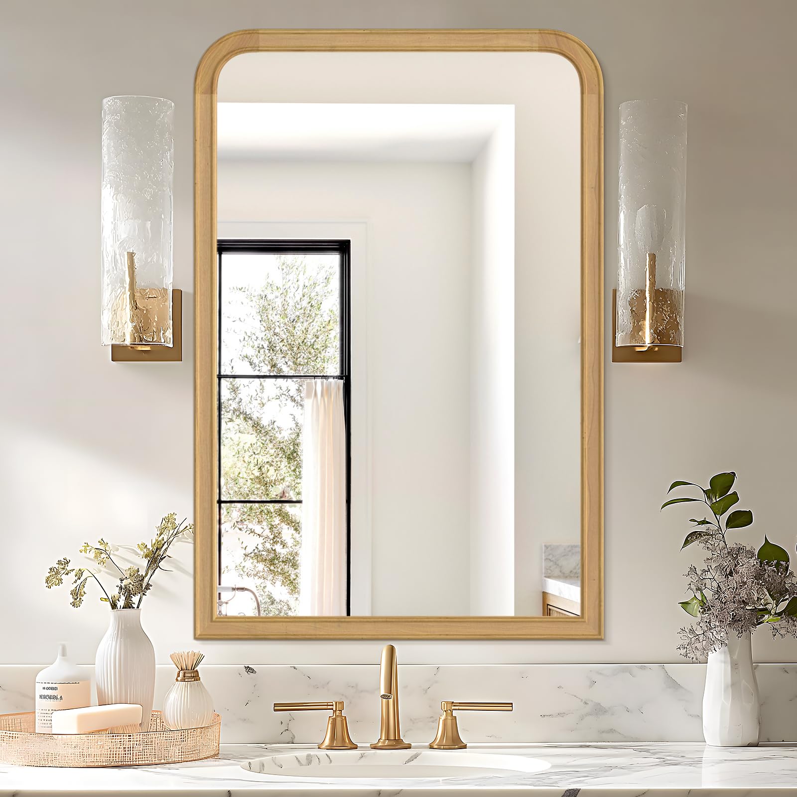 WallBeyond Wood Frame Bathroom Mirror 24" x 36" Wooden Arched Wall Mirror Farmhouse Style Bathroom Vanity Mirror for Home Decor Rectangle Mirror (Natural)