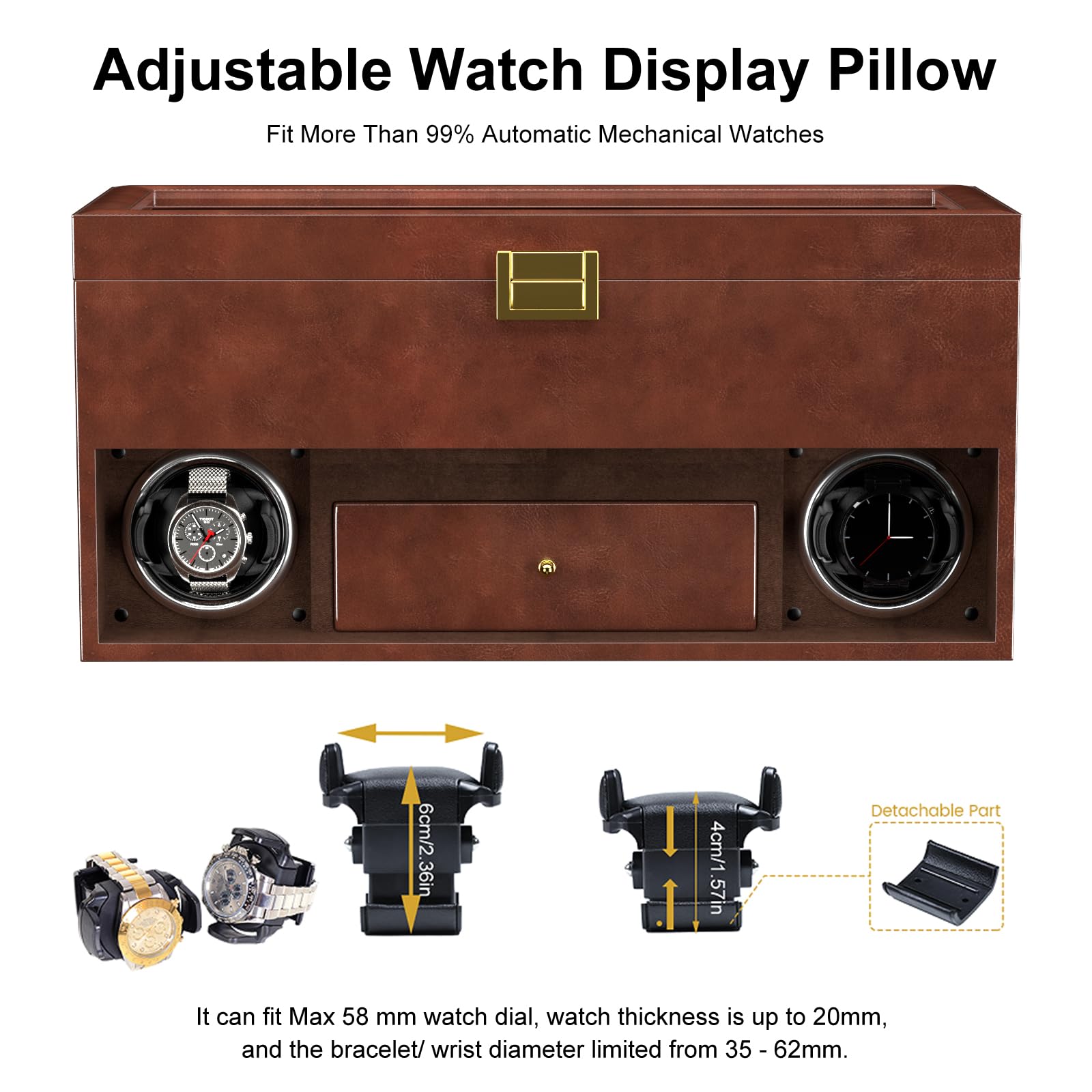 XTELARY Caja de almacenamiento doble para 2 relojes automáticos con caja de 16 cajones, 4 modos de rotación, cojín ajustable y luz LED azul para los amantes de los relojes