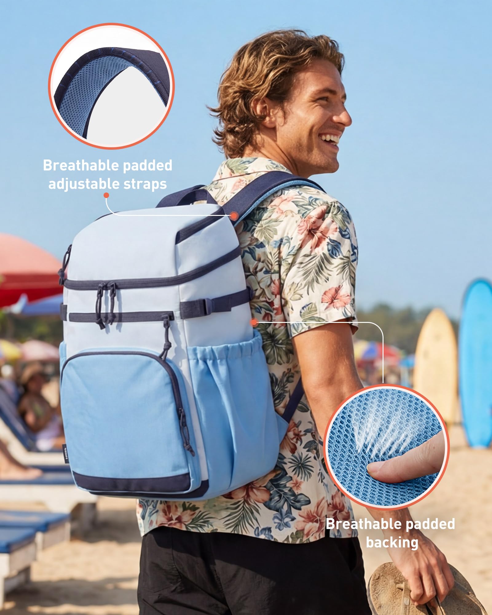 TOURIT Isolierter Kühlrucksack 30 Dosen, Auslaufsichere Lunch Kühltasche mit Zwei Fächern Leichter, wasserdichter Kühlrucksack für Damen und Herren Ideal für Strand, Camping, Picknick, Wandern Reisen